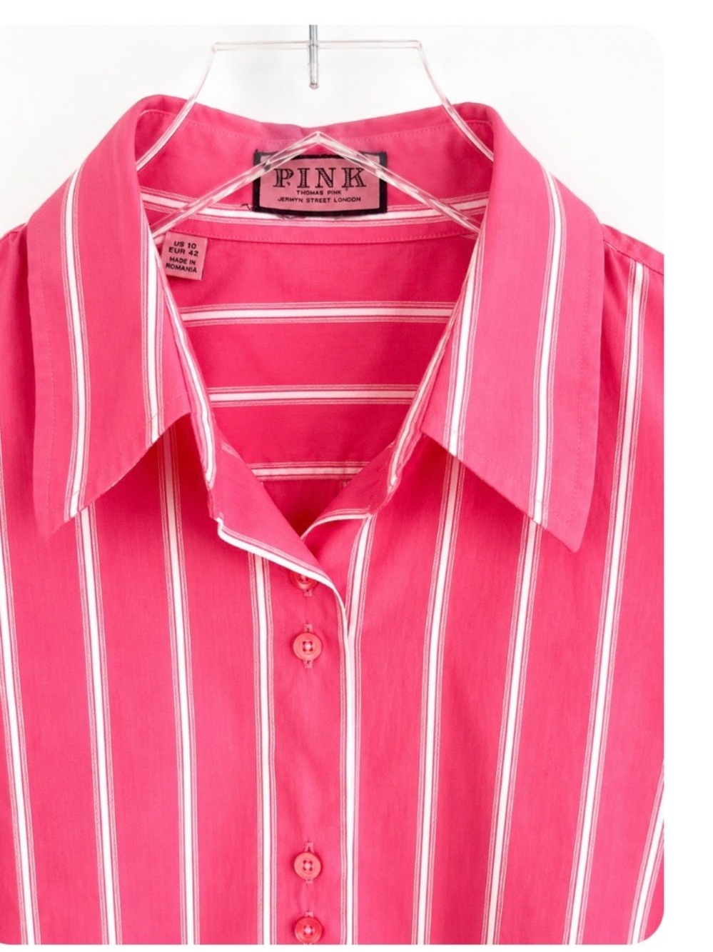 Thomas Pink Pink White Striped Button Front Tailored Shirt UK 14/ US 10 - Picture 3 of 6